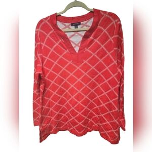 Lands End Top Womens Size XL Pink Checkered Sweater Long Sleeves V- Neck